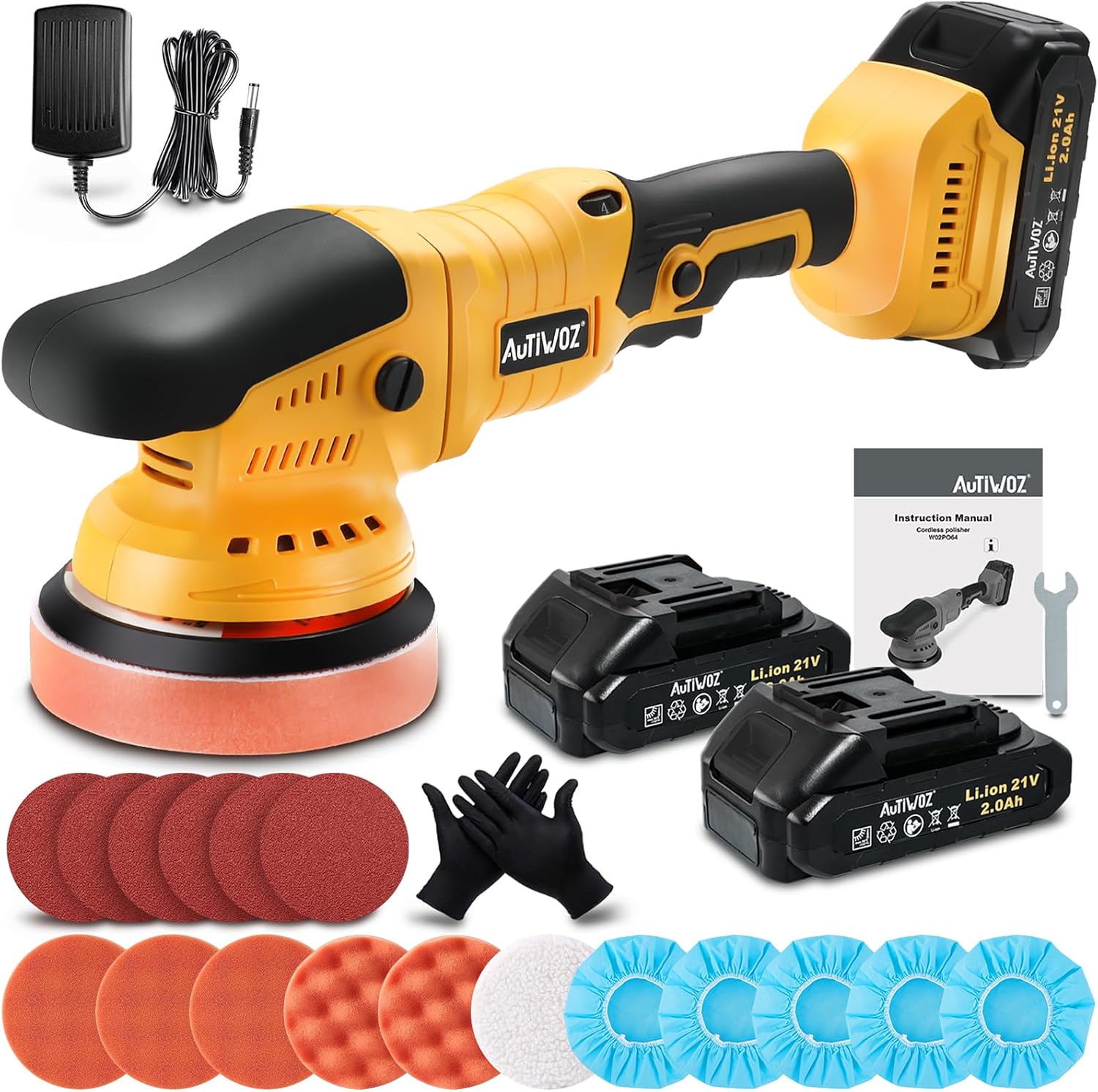 AUTIWOZ Cordless Car Buffer Polisher, 2x2000mAh 21V Batteries 5 Inch R ...