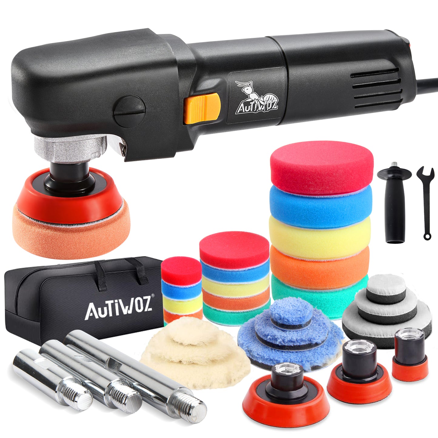 AUTIWOZ Mini Buffer Polisher, Car Polisher Waxer, 600W Rotary Polisher Machine with 33Pcs Polishing Kit, with 1" /2" /3" Base Pads M14 Thread Extension Shaft for Car Boat Sanding Polishing and Waxing