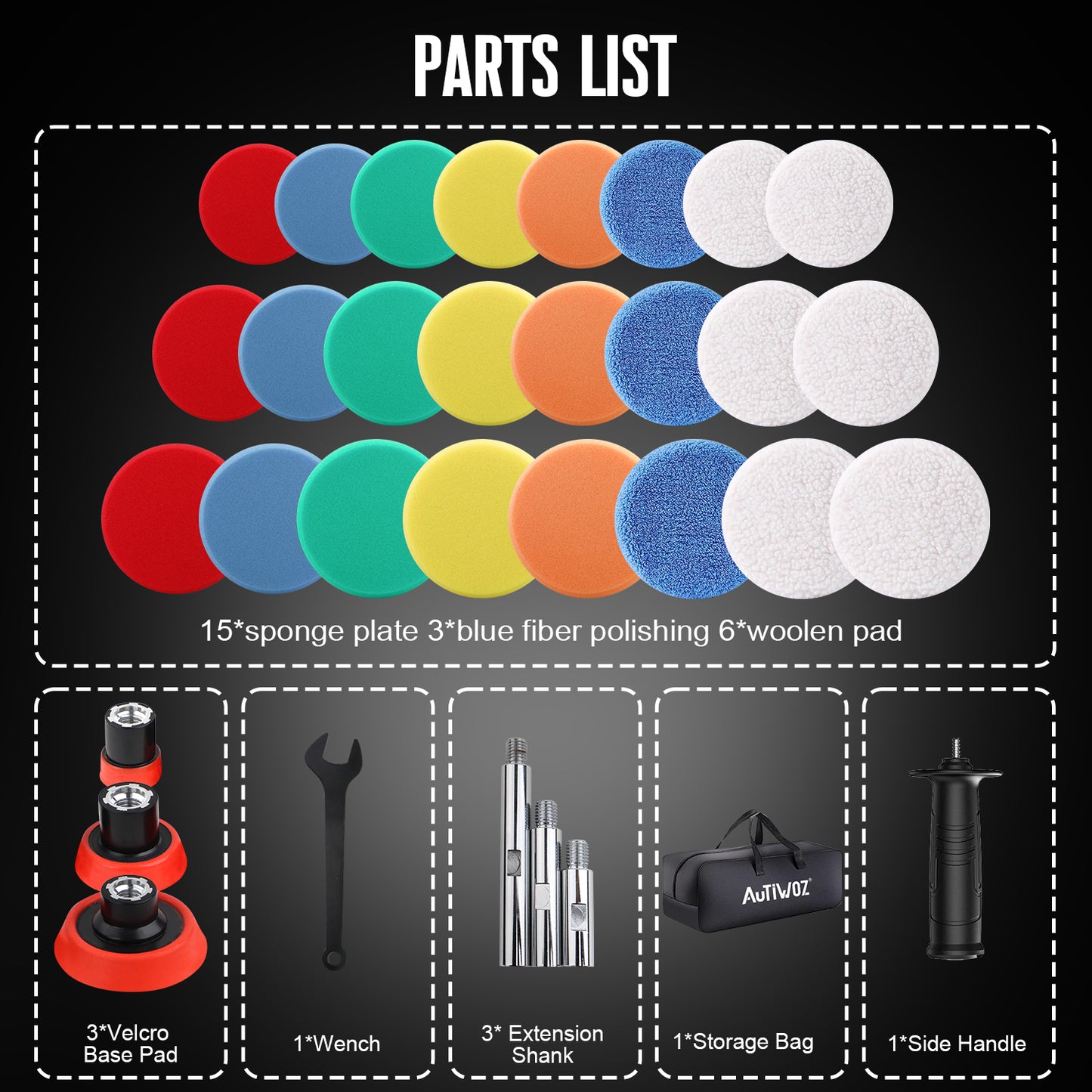 AUTIWOZ Mini Buffer Polisher, Car Polisher Waxer, 600W Rotary Polisher Machine with 33Pcs Polishing Kit, with 1" /2" /3" Base Pads M14 Thread Extension Shaft for Car Boat Sanding Polishing and Waxing