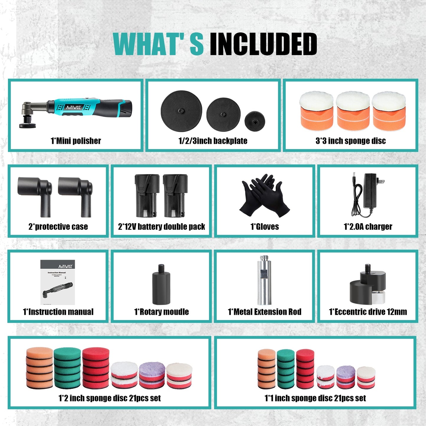 AUTIWOZ Cordless Mini Polisher, Micro Scratch Remover Buffer Polisher, 1/2/3 Inch 12mm Orbital/Rotary Mini Motorcycle Polisher for Car Detailing, 6 Speeds 2Pcs 2000mAh Li-Ion Batteries