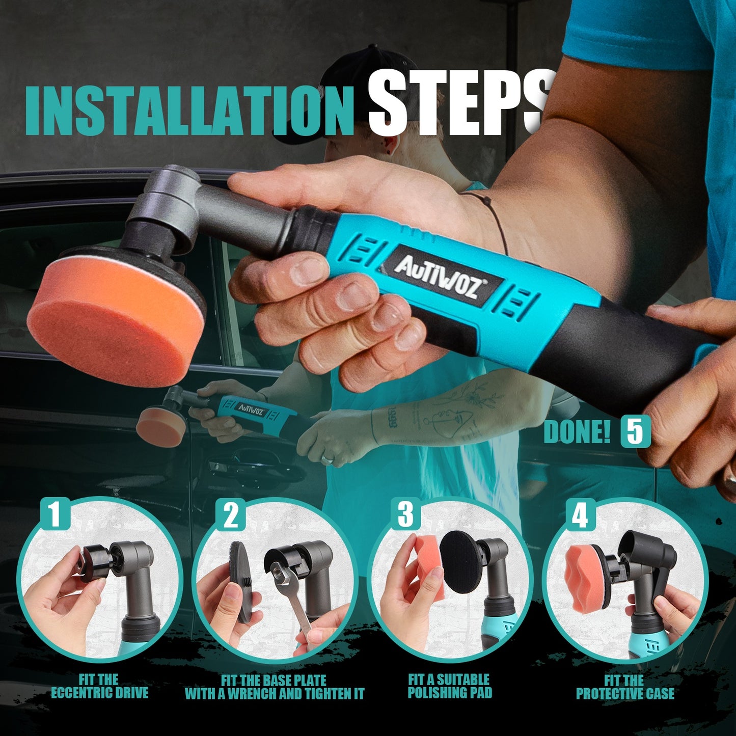 AUTIWOZ Cordless Mini Polisher, Micro Scratch Remover Buffer Polisher, 1/2/3 Inch 12mm Orbital/Rotary Mini Motorcycle Polisher for Car Detailing, 6 Speeds 2Pcs 2000mAh Li-Ion Batteries