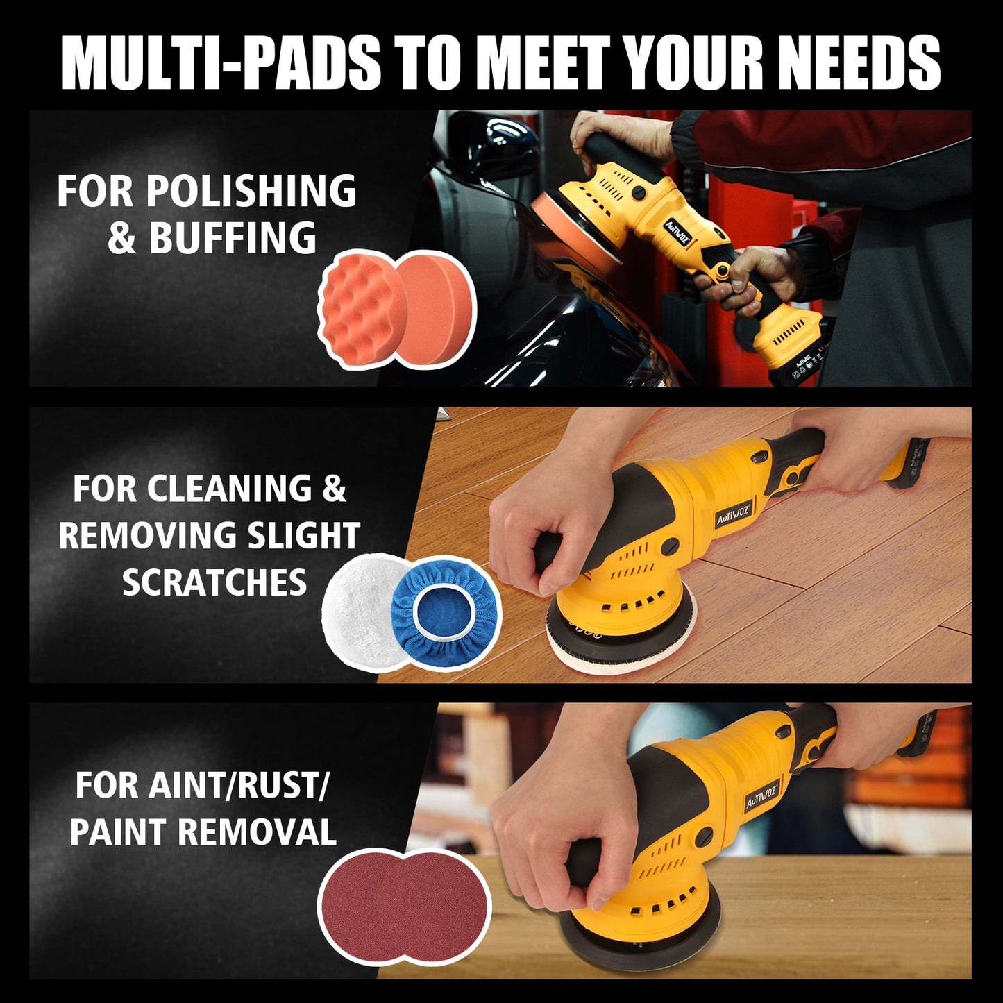 AUTIWOZ Cordless Car Buffer Polisher, 2x2000mAh 21V Batteries 5 Inch Random Orbital Polisher for Car Detailing, Waxing, Polishing, Scratch Removing, 6 Variable Speed Car Buffer Polishing Kit